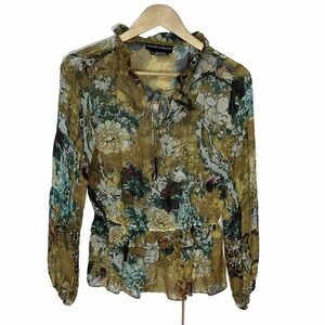 Hemant & Nandita Keystone Blouse Sheer 100% Silk Floral Peplum Top Anthropologie